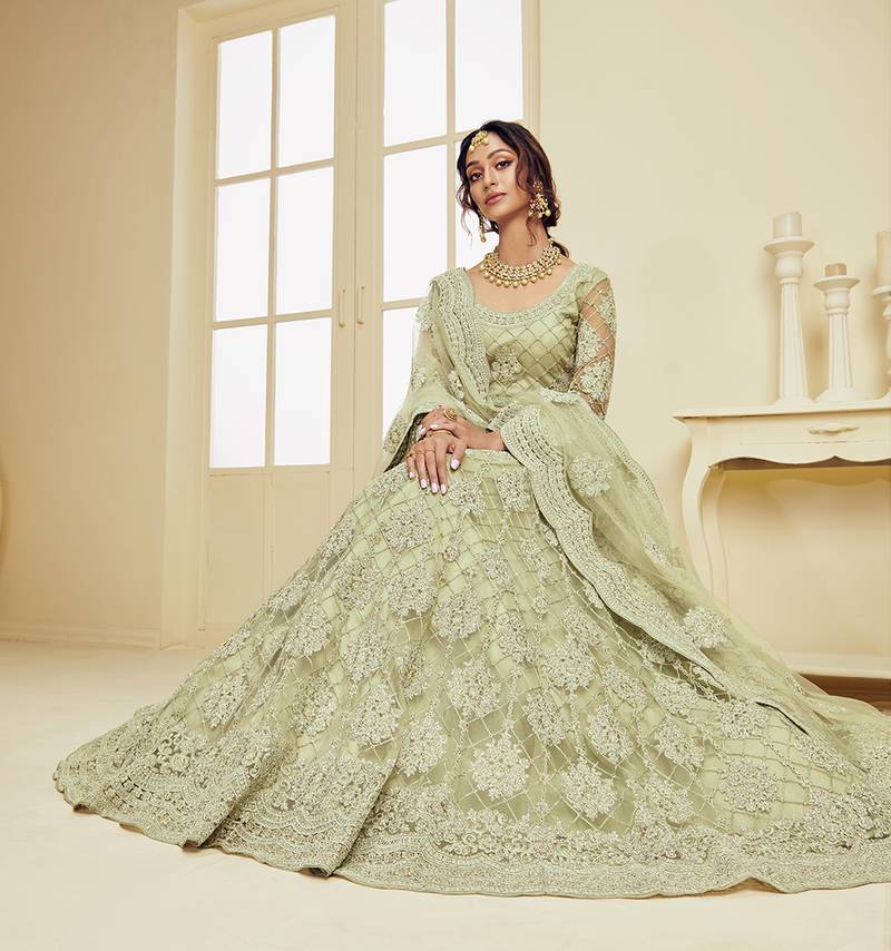 Mint Green color Net Festival A Line Lehenga Choli